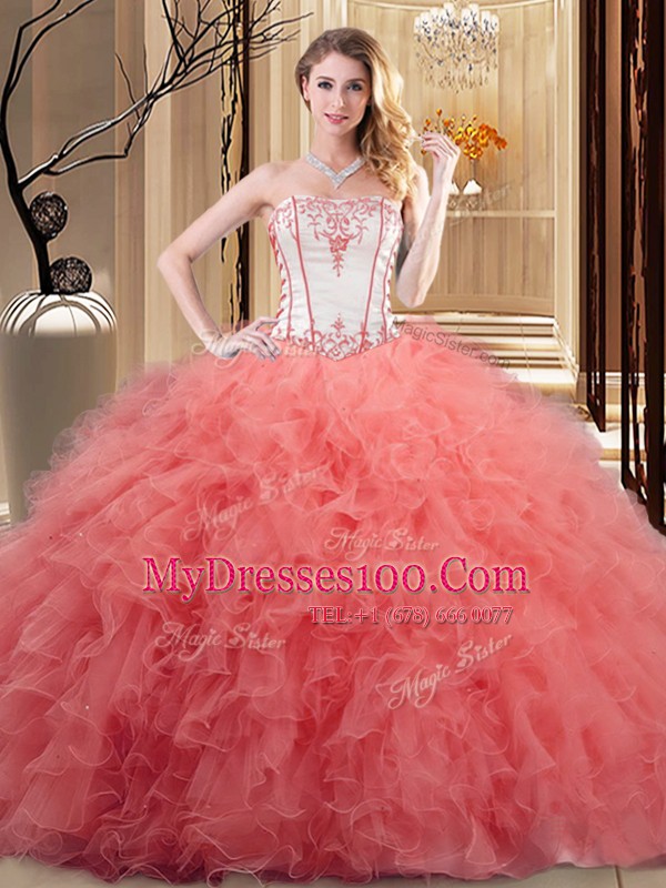 Ruffled Strapless Sleeveless Lace Up Vestidos de Quinceanera Watermelon Red and Orange Organza