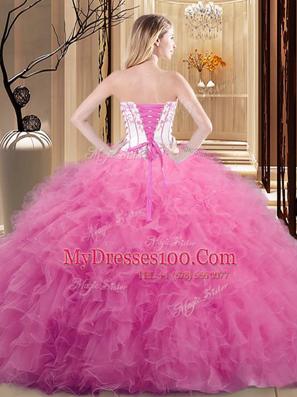 Ruffled Strapless Sleeveless Lace Up Vestidos de Quinceanera Watermelon Red and Orange Organza