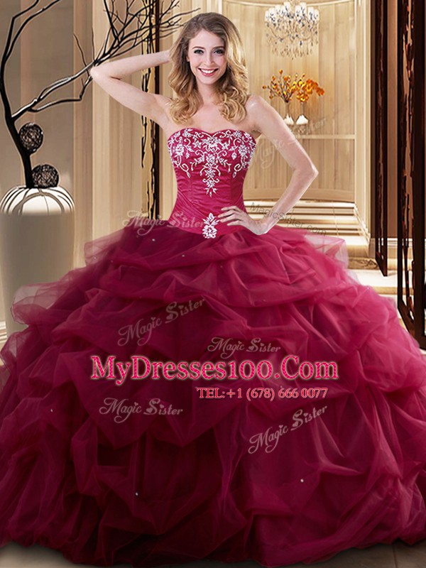 Wine Red Tulle Lace Up Quinceanera Dresses Sleeveless Floor Length Embroidery and Ruffles