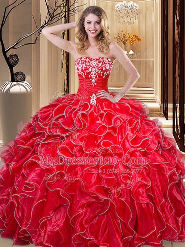 Elegant Embroidery and Ruffles Sweet 16 Dress Coral Red Lace Up Sleeveless Floor Length