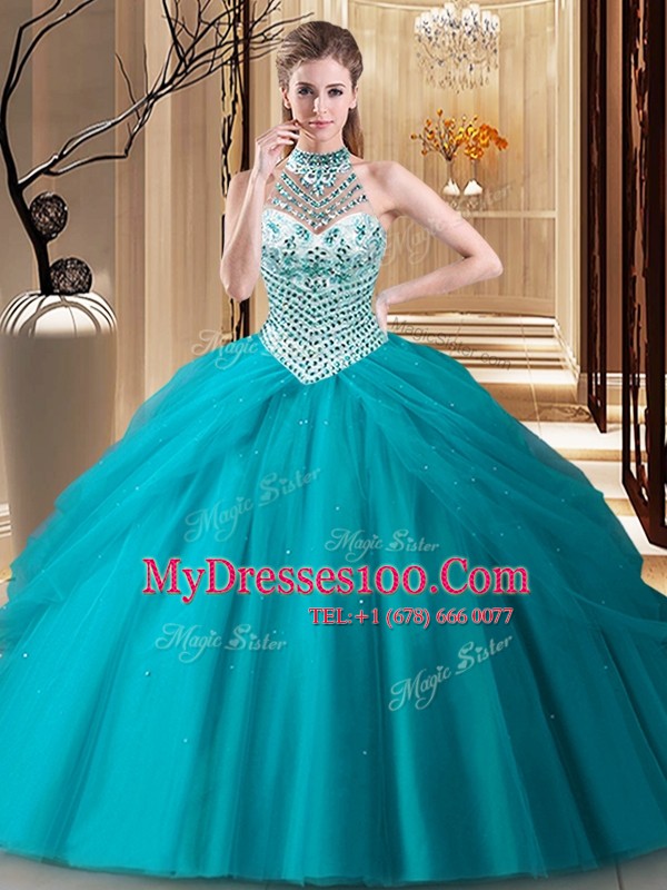 Halter Top Sleeveless Brush Train Lace Up Beading and Pick Ups Quinceanera Gowns