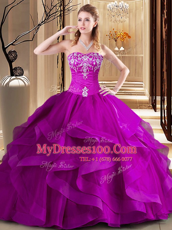 Fuchsia Tulle Lace Up Quinceanera Dresses Sleeveless Floor Length Embroidery and Ruffles