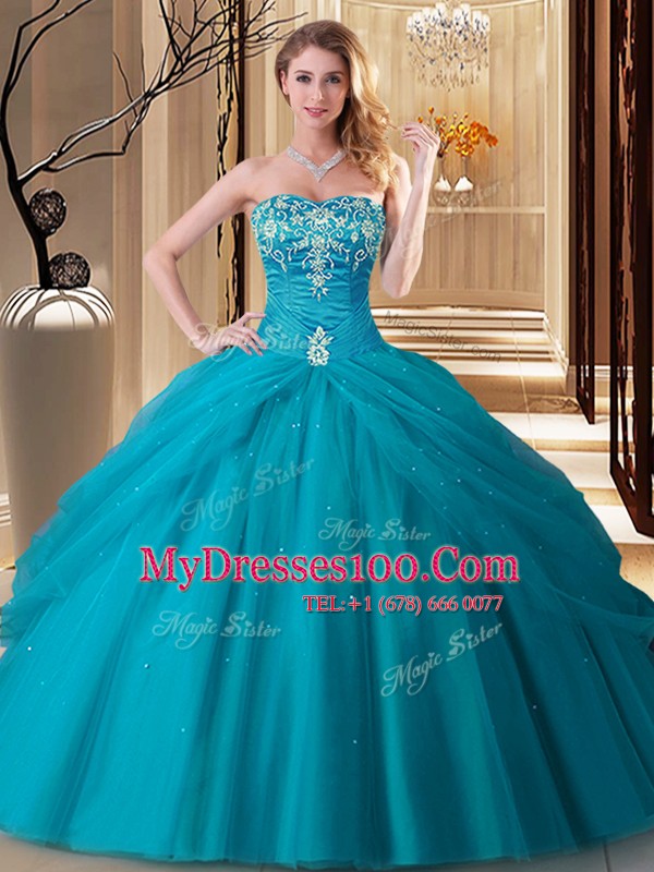 Fashion Floor Length Teal Quince Ball Gowns Tulle Sleeveless Embroidery