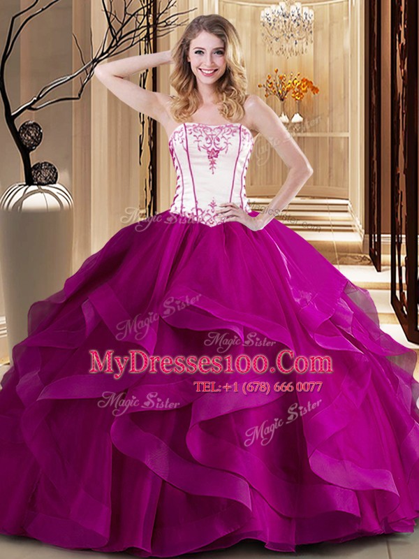 Best Ball Gowns Quinceanera Gowns Fuchsia Strapless Tulle Sleeveless Floor Length Lace Up