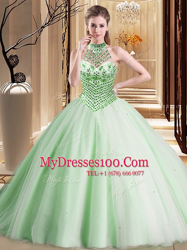 New Style Halter Top Sleeveless Quinceanera Gown With Brush Train Beading Apple Green Tulle