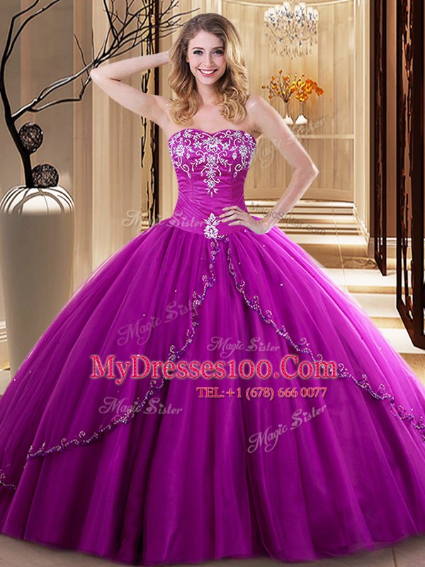 Fuchsia Sweetheart Lace Up Embroidery Ball Gown Prom Dress Sleeveless