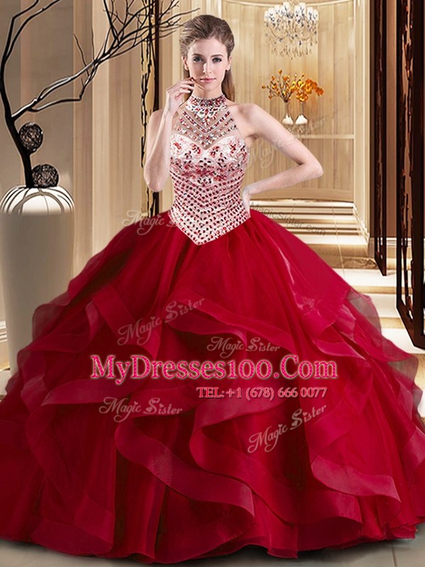 Halter Top Sleeveless Tulle Vestidos de Quinceanera Beading and Ruffles Brush Train Lace Up