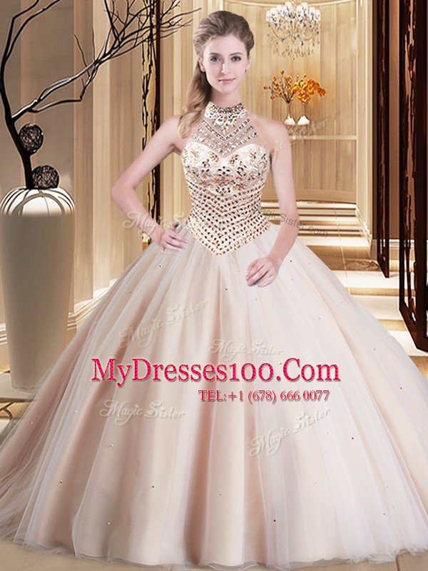 Customized Halter Top Sleeveless Brush Train Lace Up 15th Birthday Dress Peach Tulle