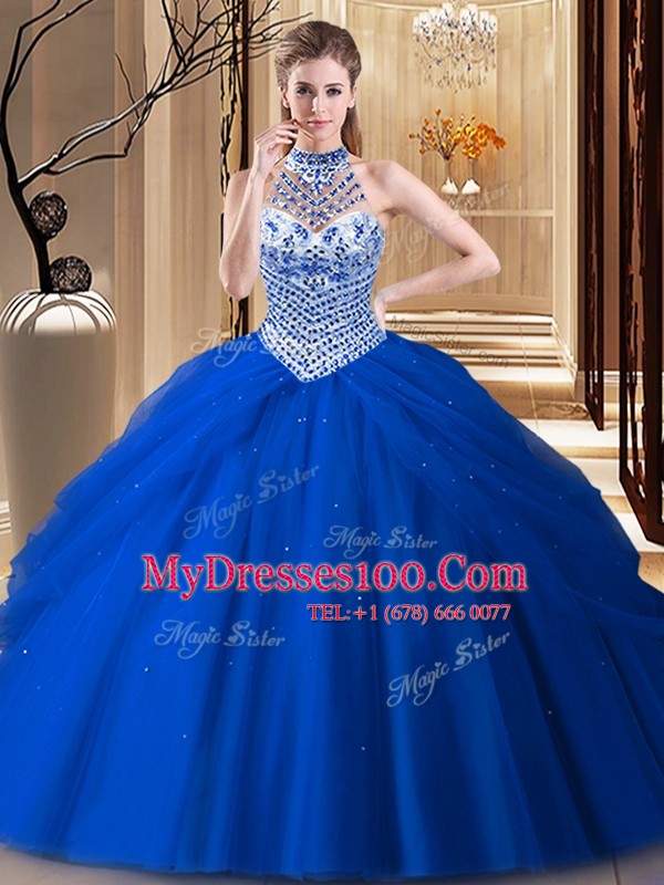 Nice Halter Top Pick Ups Royal Blue Sleeveless Tulle Brush Train Lace Up Vestidos de Quinceanera for Military Ball and Sweet 16 and Quinceanera