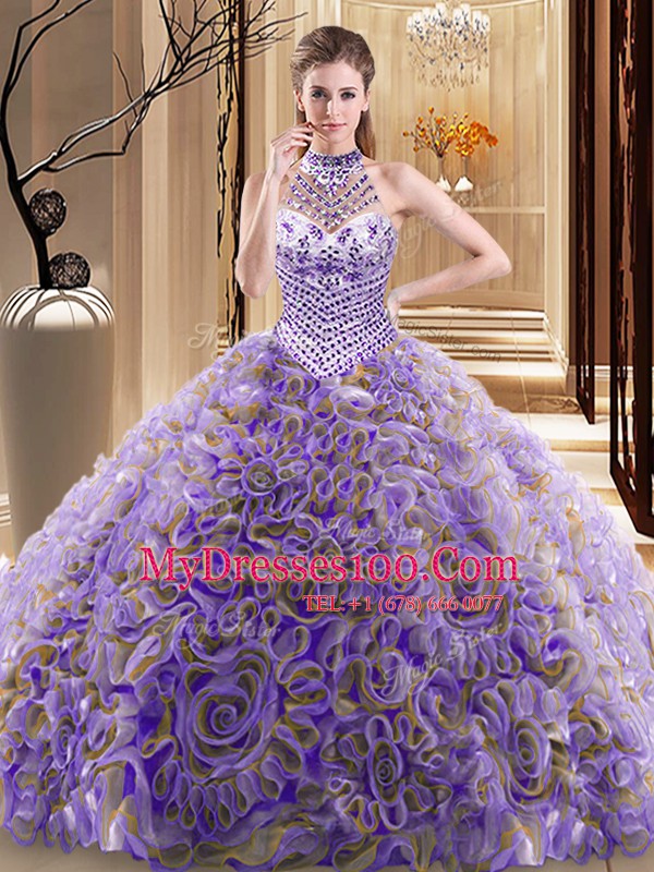 Fine Halter Top Sleeveless Brush Train Lace Up With Train Beading Quince Ball Gowns