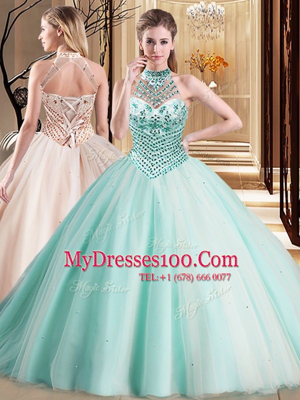 Fancy Halter Top With Train Lace Up Sweet 16 Quinceanera Dress Aqua Blue for Military Ball and Sweet 16 and Quinceanera with Beading Brush Train