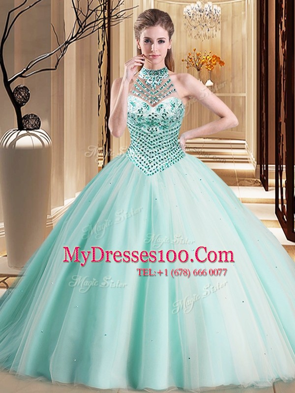 Fancy Halter Top With Train Lace Up Sweet 16 Quinceanera Dress Aqua Blue for Military Ball and Sweet 16 and Quinceanera with Beading Brush Train