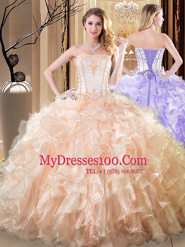 Yellow Lace Up Sweet 16 Dress Embroidery and Ruffles Sleeveless Floor Length