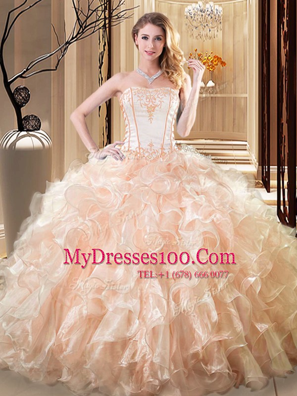Yellow Lace Up Sweet 16 Dress Embroidery and Ruffles Sleeveless Floor Length