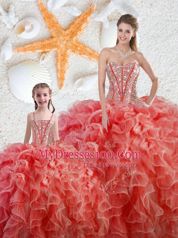 Dynamic Coral Red Organza Lace Up Sweet 16 Dress Sleeveless Floor Length Beading and Ruffles