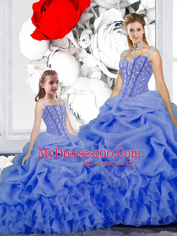 Straps Beading and Ruffles and Pick Ups Quinceanera Gowns Blue Lace Up Sleeveless Floor Length