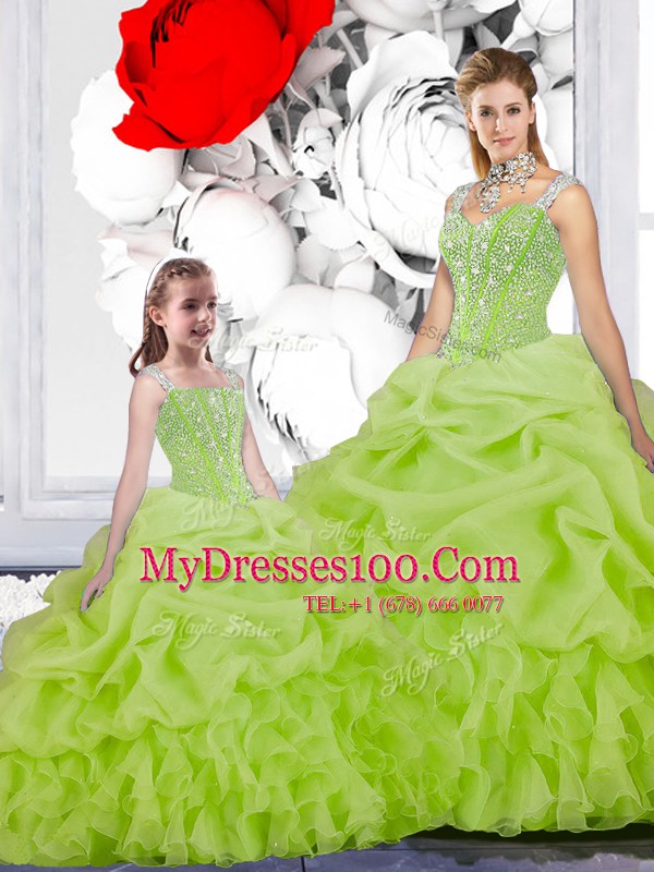 Fashion Yellow Green Ball Gowns Beading and Ruffles and Pick Ups Sweet 16 Dresses Lace Up Organza Sleeveless Floor Length