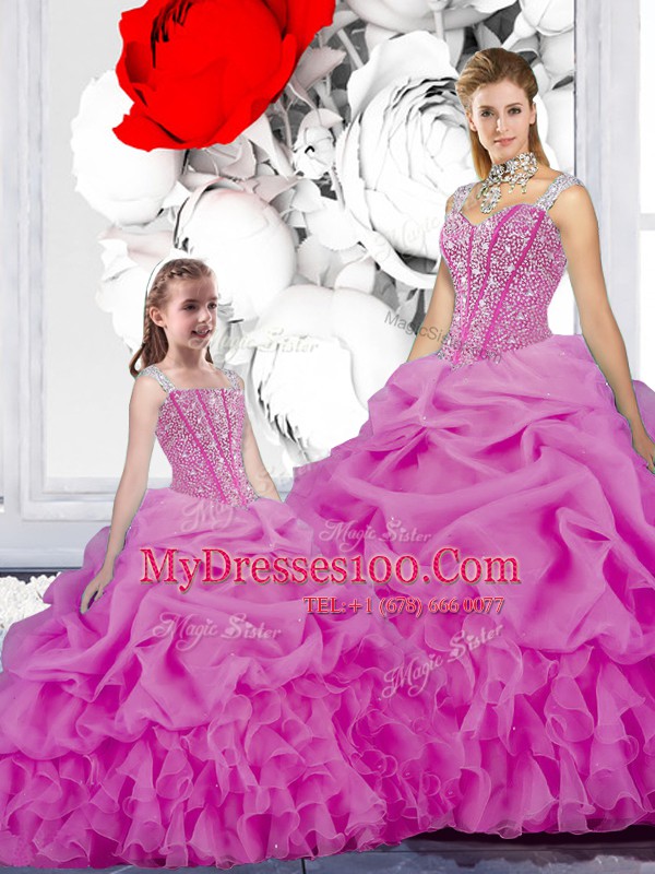 Straps Floor Length Lace Up Quinceanera Gowns Fuchsia for Military Ball and Sweet 16 and Quinceanera with Beading and Ruffles and Pick Ups