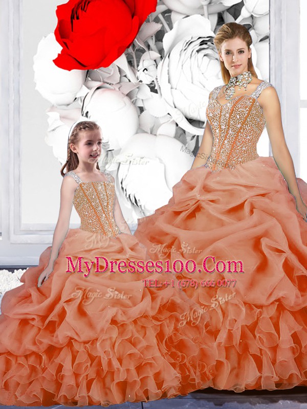 New Arrival Orange Straps Neckline Beading and Ruffles and Pick Ups 15 Quinceanera Dress Sleeveless Lace Up