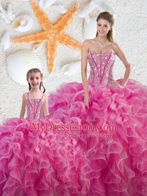 Floor Length Lace Up 15th Birthday Dress Hot Pink for Military Ball and Sweet 16 and Quinceanera with Beading and Ruffles
