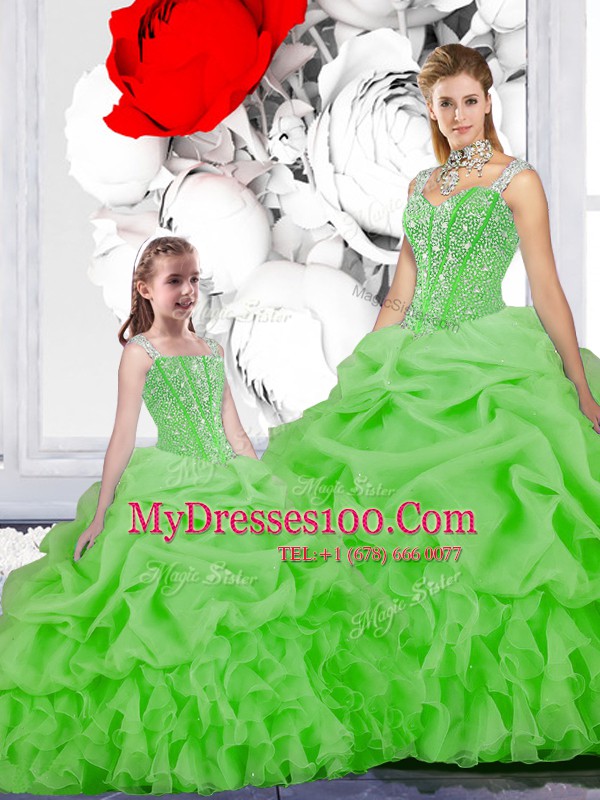 Elegant Organza Lace Up Straps Sleeveless Floor Length Ball Gown Prom Dress Beading and Ruffles and Pick Ups