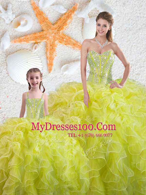 Yellow Green Sweetheart Lace Up Beading and Ruffles Quinceanera Gown Sleeveless