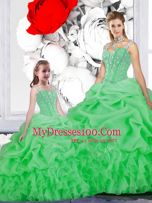 Straps Sleeveless Sweet 16 Dress Floor Length Beading and Ruffles and Pick Ups Green Organza
