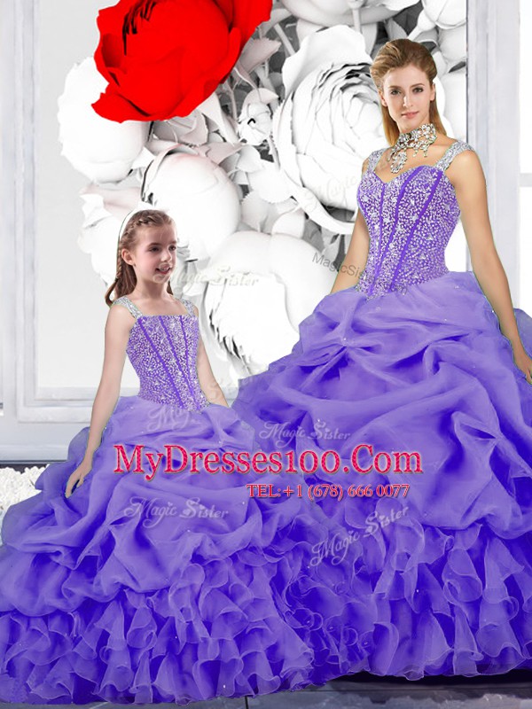 Beauteous Lavender Lace Up Straps Beading and Ruffles and Pick Ups Vestidos de Quinceanera Organza Sleeveless