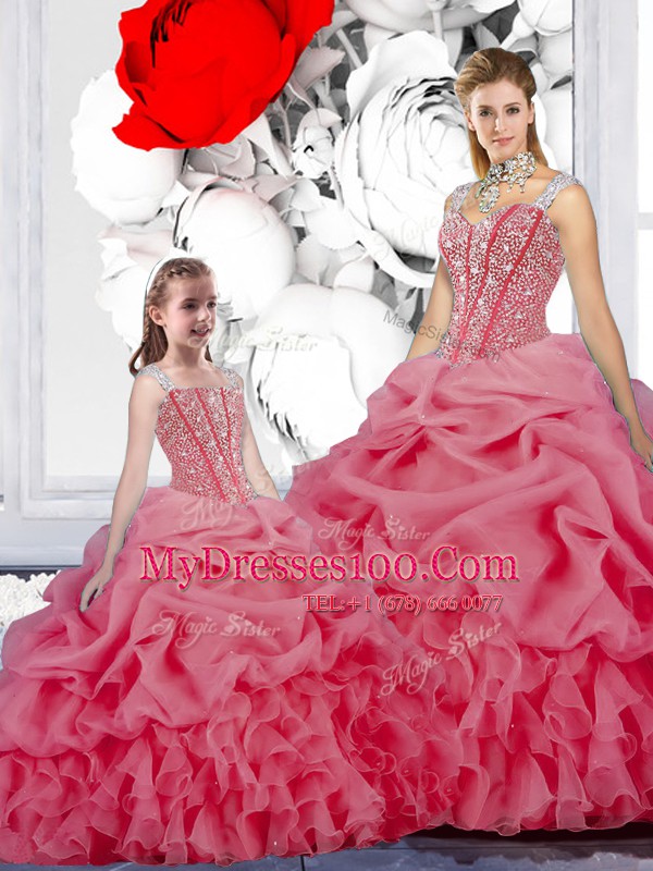 Rose Pink Ball Gowns Straps Sleeveless Organza Floor Length Lace Up Beading and Ruffles and Pick Ups Quinceanera Gowns