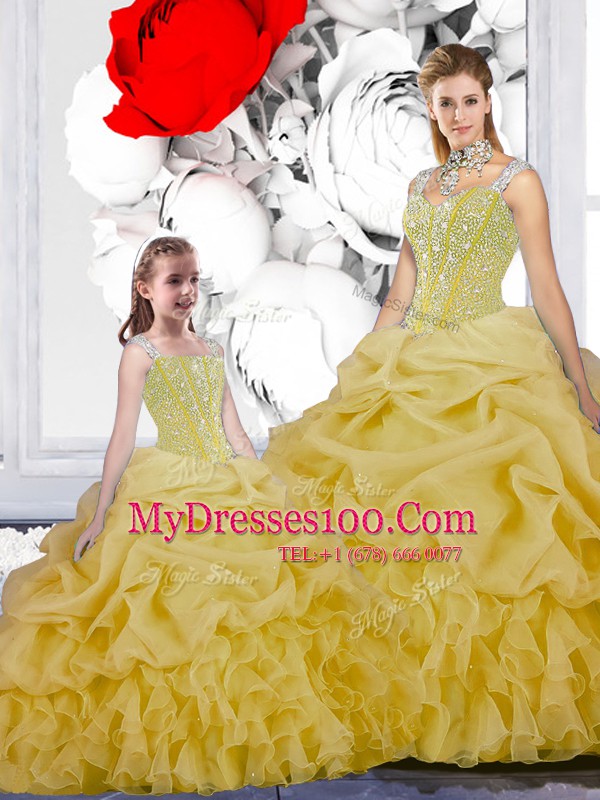 Glamorous Pick Ups Ball Gowns Quinceanera Dress Yellow Straps Organza Sleeveless Floor Length Lace Up