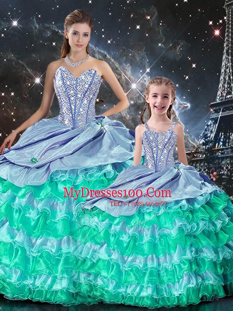 Beading and Ruffles Ball Gown Prom Dress Multi-color Lace Up Long Sleeves Floor Length