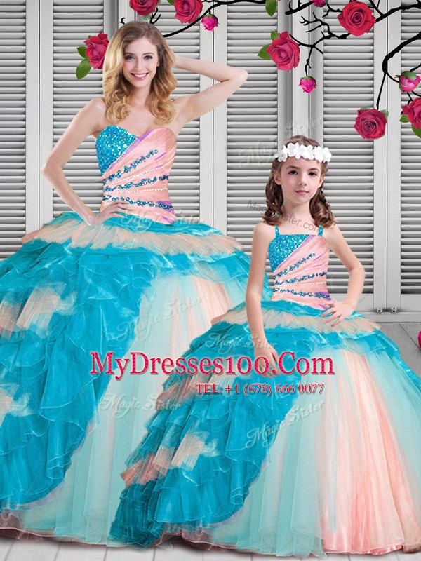 Fantastic Multi-color Sleeveless Organza Lace Up Quinceanera Dresses for Military Ball and Sweet 16 and Quinceanera