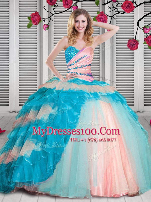 Fantastic Multi-color Sleeveless Organza Lace Up Quinceanera Dresses for Military Ball and Sweet 16 and Quinceanera