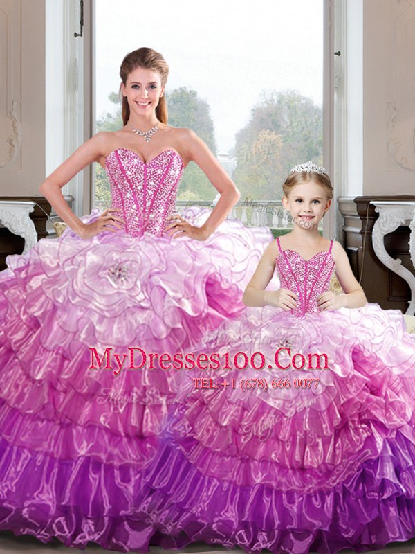 Ideal Organza Sleeveless Floor Length Quinceanera Gown and Beading and Ruffles