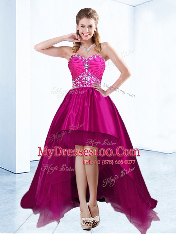 Satin Sweetheart Sleeveless Brush Train Lace Up Beading and Ruching Cocktail Dresses in Fuchsia