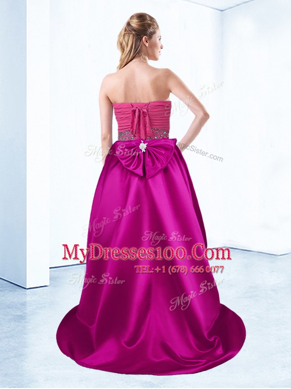 Satin Sweetheart Sleeveless Brush Train Lace Up Beading and Ruching Cocktail Dresses in Fuchsia