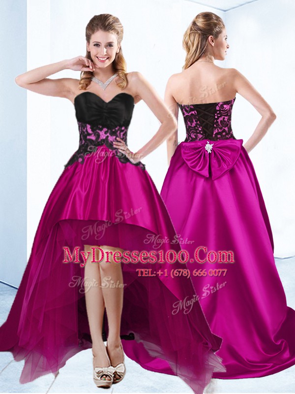 Fuchsia Lace Up Club Wear Appliques Sleeveless High Low