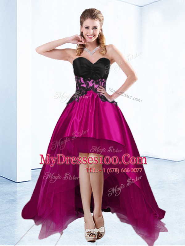Fuchsia Lace Up Club Wear Appliques Sleeveless High Low
