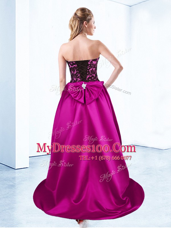 Fuchsia Lace Up Club Wear Appliques Sleeveless High Low