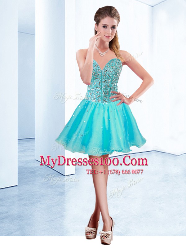 Amazing Aqua Blue Sleeveless Mini Length Beading Lace Up Custom Made