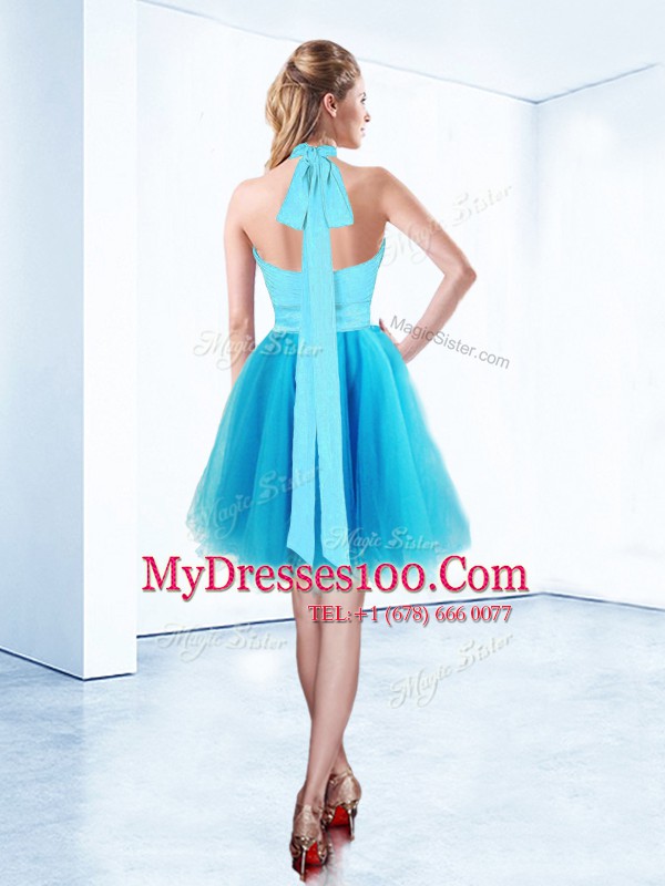 Halter Top Aqua Blue Organza Zipper Party Dress Sleeveless Knee Length Ruching and Belt