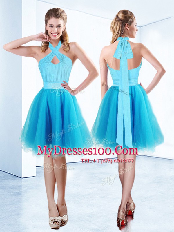 Halter Top Aqua Blue Organza Zipper Party Dress Sleeveless Knee Length Ruching and Belt