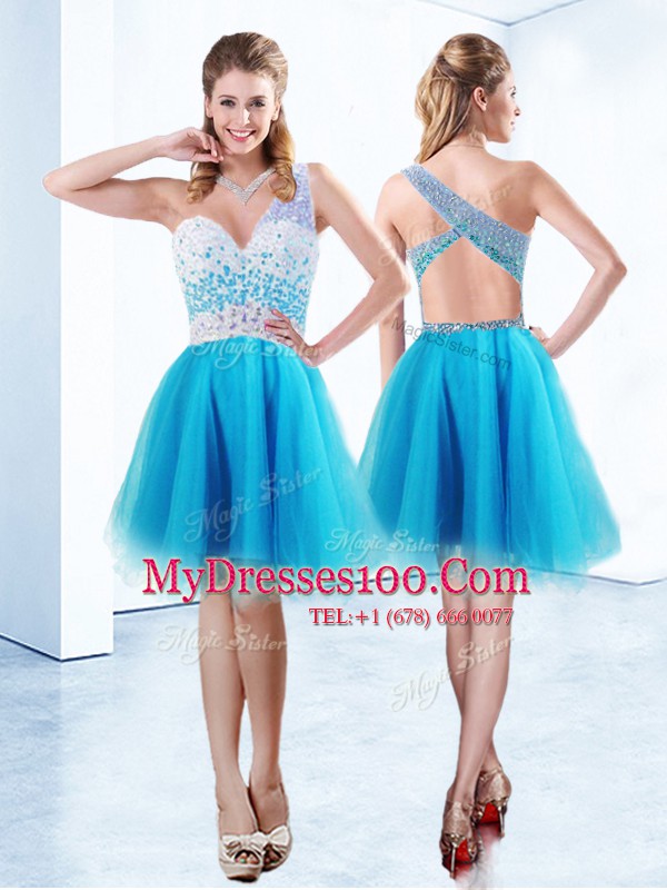 Beautiful One Shoulder Baby Blue Sleeveless Beading Knee Length Teens Party Dress