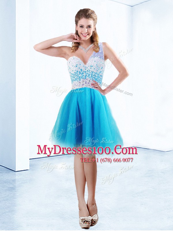 Beautiful One Shoulder Baby Blue Sleeveless Beading Knee Length Teens Party Dress