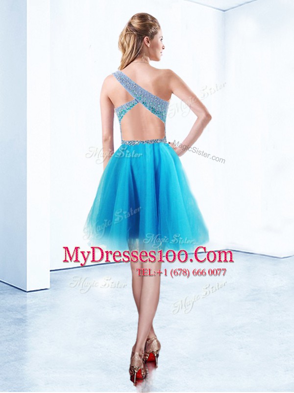 Beautiful One Shoulder Baby Blue Sleeveless Beading Knee Length Teens Party Dress