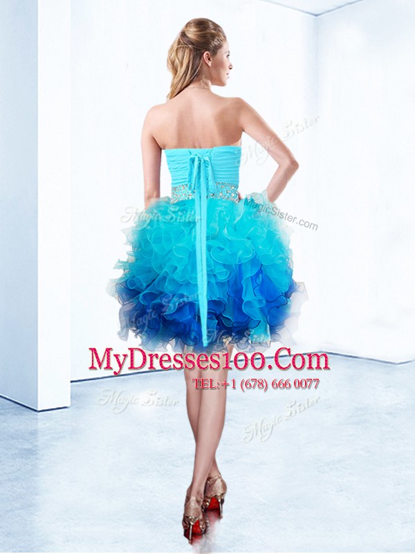 Blue Lace Up Sweetheart Beading and Ruffles and Ruching Ball Gown Prom Dress Organza Sleeveless