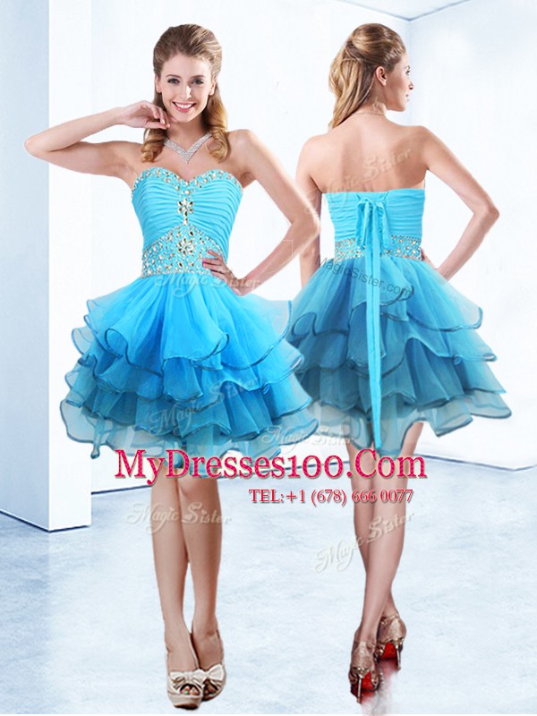 Ruffled Sweetheart Sleeveless Lace Up Cocktail Dresses Blue Organza