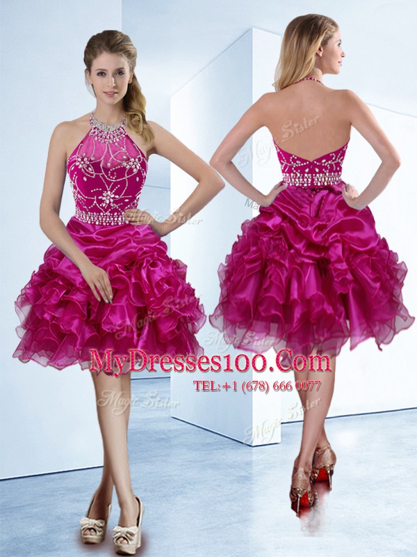 Low Price Halter Top Sleeveless Organza Knee Length Zipper Womens Party Dresses in Fuchsia with Beading and Ruffles and Pick Ups