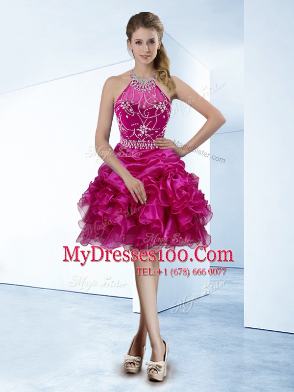 Low Price Halter Top Sleeveless Organza Knee Length Zipper Womens Party Dresses in Fuchsia with Beading and Ruffles and Pick Ups