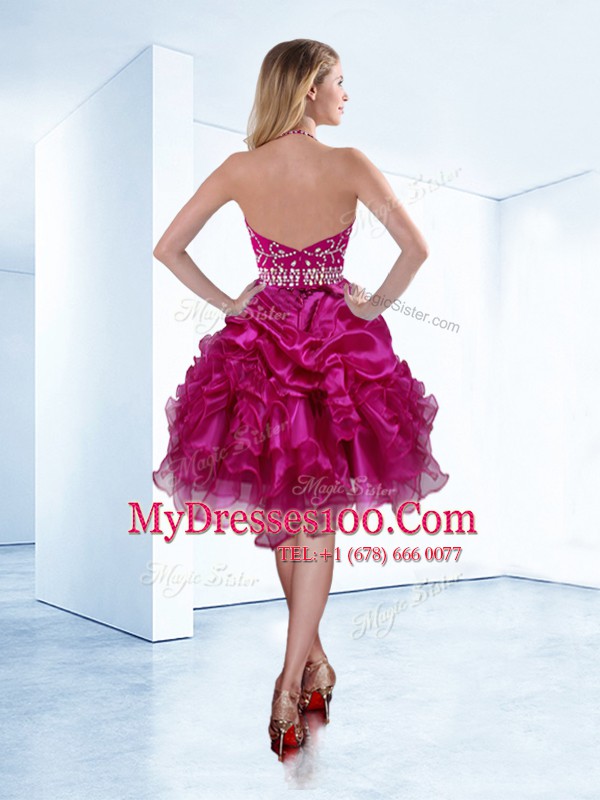 Low Price Halter Top Sleeveless Organza Knee Length Zipper Womens Party Dresses in Fuchsia with Beading and Ruffles and Pick Ups